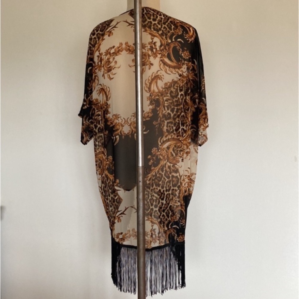 Romeo + Juliet Couture leopard print fringed kimono duster cover up M - Picture 2 of 7